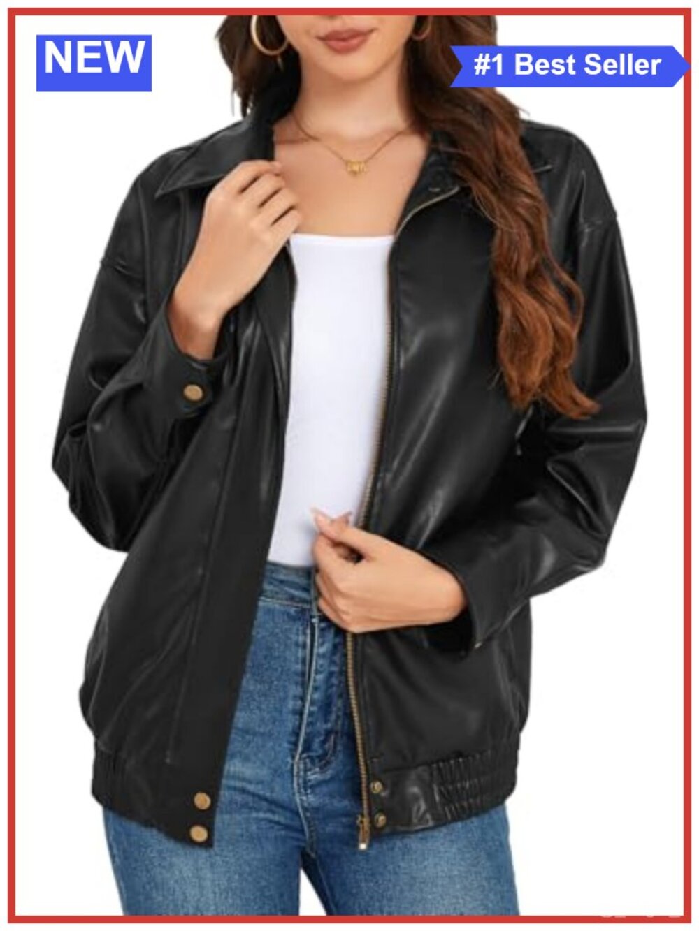 Faux Leather Jacket Womens Oversized Zip Up Moto Outerwear with Pockets